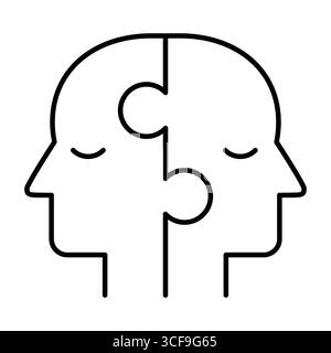 Two heads puzzle line icon. Complementary minds. Symbol of teamwork, communication, adaptability and coworking. Problem solving, collaboration vector. Stock Vector