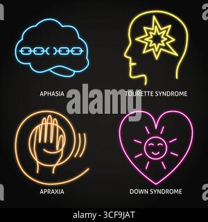 Neurodiversity symbols neon icon set. Aphasia, Tourette syndrome, Down syndrome, apraxia. Vector illustration Stock Vector