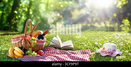 Picnic - Wicker Basket On Meadow - Snack And Fruits With Wine And Bread In Sunny Park Stock Photo
