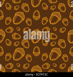 Seamless vector pattern of handdrawn acorns in orange and brown, creating a rustic autumnal design ideal for fallthemed projects. Stock Vector