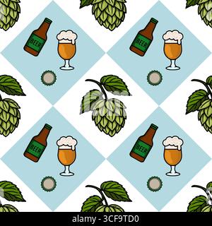 Seamless vector pattern of beer bottles, glasses of beer, hop cones, and bottle caps on a light blue and white diagonal background, perfect for Oktobe Stock Vector