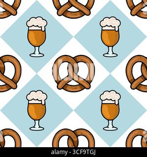 Seamless vector pattern featuring handdrawn pretzels and beer mugs on a light blue and white diamond background, perfect for Oktoberfest celebrations Stock Vector