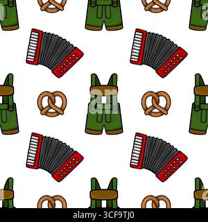A lively vector seamless pattern featuring traditional Oktoberfest elements a red accordion, green lederhosen, and delicious pretzels, creating a fest Stock Vector