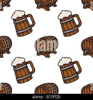 Seamless vector pattern featuring handdrawn illustrations of wooden beer mugs filled with frothy beer and wooden barrels with taps, creating a rustic Stock Vector