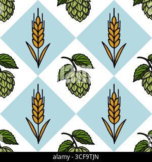 Seamless vector pattern featuring handdrawn illustrations of wheat and hops, arranged on a light blue diamondshaped grid against a white background, i Stock Vector