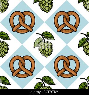 Seamless vector pattern featuring handdrawn pretzels and hops on a light blue diamond background, ideal for Oktoberfest or brewery designs. Stock Vector