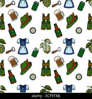 Seamless vector pattern featuring Oktoberfest elements beer mugs, lederhosen, dirndl, hop cones, bottle opener, and beer cans, designed in a vibrant c Stock Vector