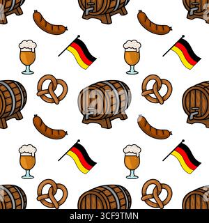 Seamless vector pattern featuring Oktoberfest elements beer mugs, pretzels, sausages, beer barrels, and German flags, designed in a handdrawn cartoon Stock Vector