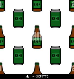 Seamless vector pattern featuring a playful illustration of beer cans and bottles with green labels, perfect for Oktoberfest or brewery designs. Stock Vector