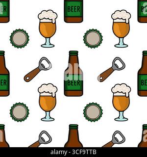 Seamless vector pattern featuring handdrawn beer bottles, glasses with foam, bottle openers, and bottle caps, creating a cheerful and festive design p Stock Vector