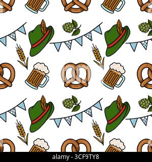 Seamless vector pattern featuring Bavarian hats, pretzels, beer mugs, wheat stalks, hops, and festive bunting, creating a vibrant and cheerful Oktober Stock Vector