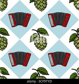 Seamless vector pattern featuring a red accordion and green hop cones on a light blue and white diamond background, ideal for Oktoberfest designs or b Stock Vector