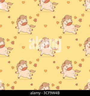 Seamless pattern with Cute Autumn Little Horse with Fall Maple Leaves on yellow background. Funny Cartoon seasonal Animal Pony character. Vector illus Stock Vector