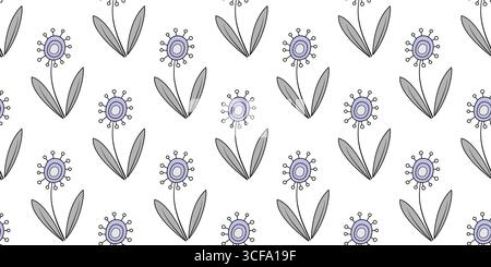 Floral gentle seamless pattern in country style. Calm purple gray flowers on white background. Fantasy doodle flowers with black contour. Cute design Stock Vector