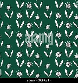 Floral seamless pattern in retro style. Monochrome flowers on deep dark green background. Unusual fantasy daisy flowers with clear black contour. Cute Stock Vector