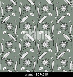 Floral seamless pattern in zentangle style. Monochrome decorative ornament on gray green background. Unusual fantasy round flowers with clear black co Stock Vector