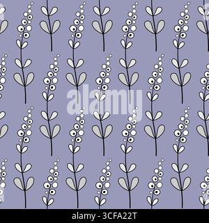 Long curved stylized lavender flowers with clear black contour. Floral minimalist seamless pattern in zentangle style. White flowers on purple backgro Stock Vector