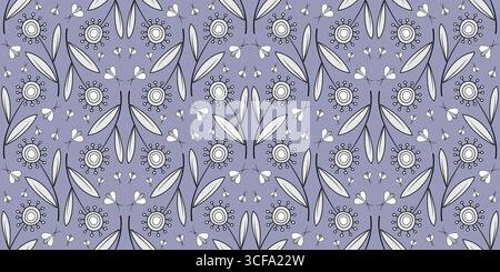 Floral seamless pattern in zentangle style. Monochrome decorative ornament on purple background. Unusual fantasy flowers with clear black contour. Pla Stock Vector