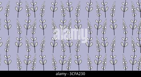 Long curved fantasy flowers with clear black contour. Floral monochrome seamless pattern in zentangle style. Isolated light decorative ornament on pur Stock Vector
