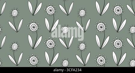 Floral seamless pattern in retro style. Monochrome flowers on green background. Unusual fantasy daisy flowers with clear black contour. Cute childish Stock Vector