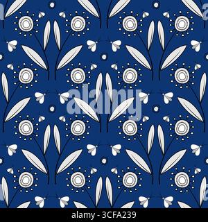 Floral seamless pattern in zentangle style. Monochrome decorative ornament on dark blue background. Unusual fantasy flowers with clear black contour. Stock Vector