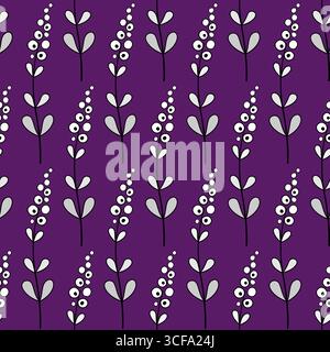 Long curved stylized lavender flowers with clear black contour. Floral minimalist seamless pattern in zentangle style. White flowers on dark purple ba Stock Vector