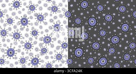 Set of seamless pattern with random floral elements. Lavender gray flowers on white and dark gray background. Simple floral doodle vector illustration Stock Vector