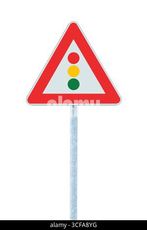 Traffic signals ahead warning road sign, large detailed isolated vertical white red, yellow, green lights roadside signage closeup, triangular frame Stock Photo