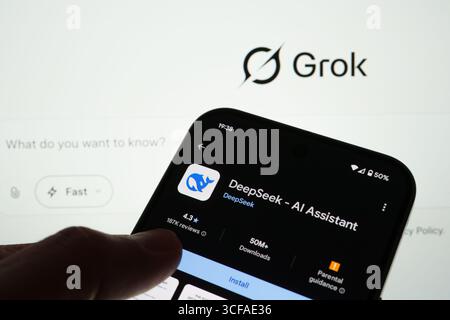 DeepSeek AI Assistant app listing on Google Play shown on smartphone with install button, rating and dark mode interface. Stafford, United Kingdom, Au Stock Photo