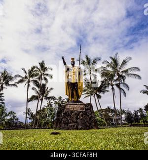 Statue of King Kamehameha stands overlooking Hilo Bay. The statue of ...