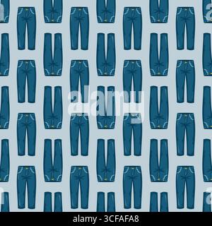 Seamless pattern with denim jeans on light blue background. Cartoon vector background. Stock Vector