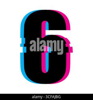 Retro glitch number six. TV screen effect. Distorted numeral illustration. Vector typography design. Stock Vector