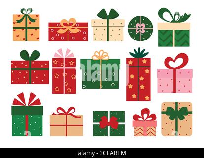 Christmas Gift box elements clipart set. Colorful printed and pattern flat Gift boxes elements clip art collection with cute ribbon bow tie style Stock Vector