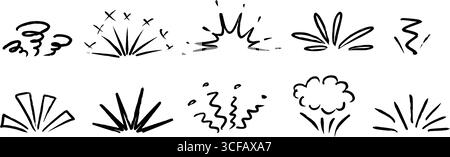 Hand drawn radial explosion set. Crayon doodle exclamation element collection. Black pastel sketches of firecracker, sunburst, spark burst, sparkles, shine. Vector charcoal drawn ray and beam shapes Stock Vector