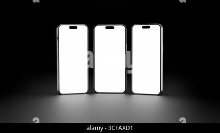 3D render illustration of three mobile phones for mock up. 3 Smartphone frames with blank screen isolated on black background. For mockup on light bac Stock Photo