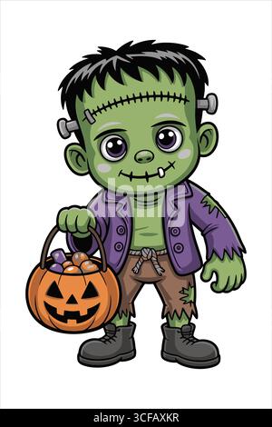 Cute Frankenstein with Pumpkin Basket Halloween Illustration Stock Vector