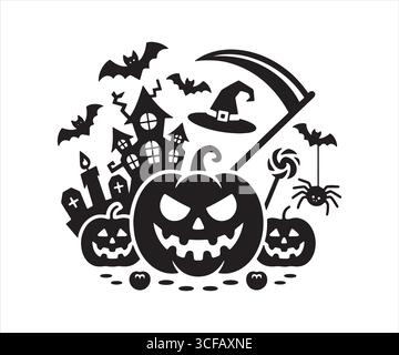 Halloween Pumpkin, Haunted House, and Grim Reaper Illustration Stock Vector
