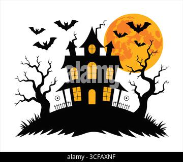 Haunted House with Bats and Full Moon Halloween Illustration Stock Vector