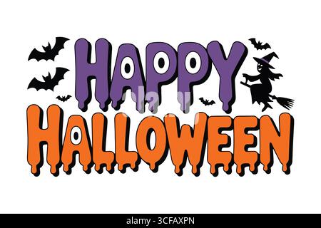 Happy Halloween Text with Bats and Witch Stock Vector