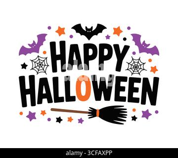 Happy Halloween with Broomstick, Bats, and Stars Stock Vector