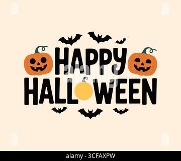 Happy Halloween with Broomstick, Bats, and Stars Stock Vector