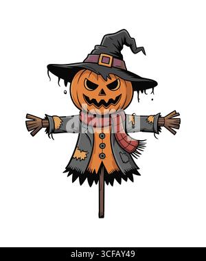Spooky Halloween Pumpkin Scarecrow with Witch Hat and Scarf Stock Vector