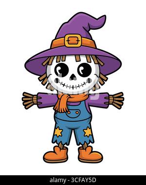 Cartoon Skeleton Scarecrow with Witch Hat and Scarf Stock Vector