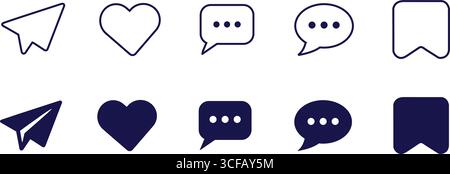 Outlined and Filled Social Media Icons – Paper Plane, Heart, Chat, Bookmark in Dark Blue Stock Vector