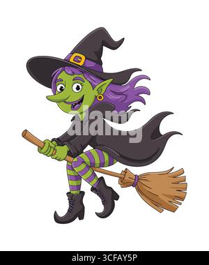 Cartoon Witch Flying on a Broomstick with Purple Hair Stock Vector