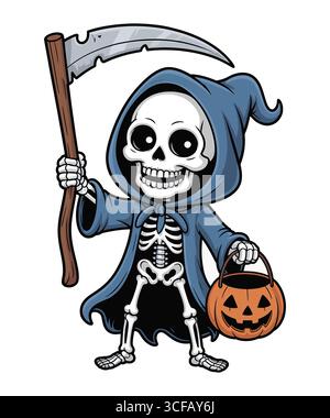 Cartoon Skeleton with Scythe and Halloween Pumpkin Bucket Stock Vector