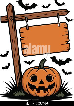 Halloween Pumpkin with Bat Decor and Blank Signpost Stock Vector