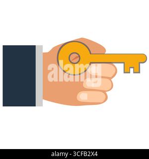 Hand holding golden key icon. Key takeaways sign. Hand holds golden key in fingers symbol. flat style. Stock Photo