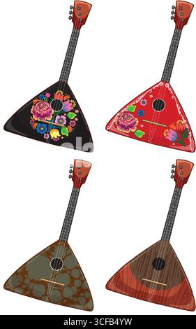 Vector illustration of four Russian balalaikas, each with unique floral or wood grain designs, arranged in a clean, isolated composition on white Stock Vector