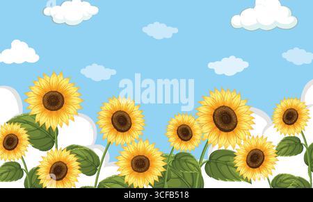 Vector illustration of sunflowers with green leaves against a blue sky with fluffy clouds, featuring bold outlines and vibrant colors Stock Vector